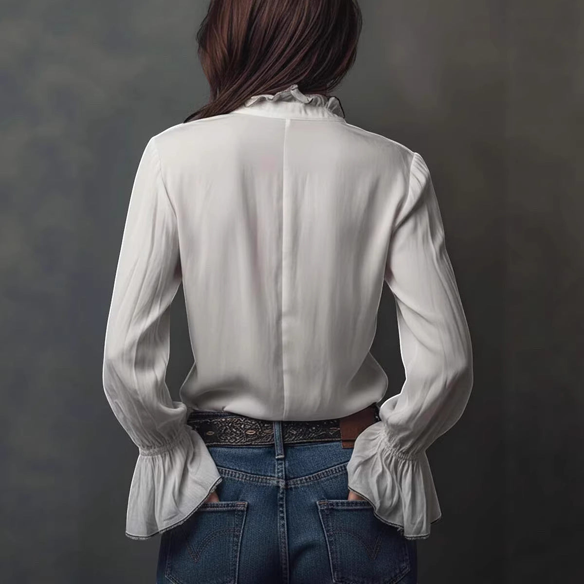 ZOFIA ATELIER white polyester long sleeve ruffled shirt with a ruffled collar and cuffs, wrinkle-resistant.