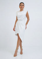 ZOFIA ATELIER white sleeveless asymmetric polyester dress with padded shoulders and tulip hem.