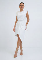 ZOFIA ATELIER white sleeveless asymmetric polyester dress with padded shoulders and tulip hem.