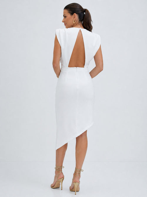 ZOFIA ATELIER white sleeveless asymmetric dress with open back and padded shoulders, polyester, long skirt.