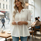 ZOFIA ATELIER white polyester button-down shirt with smocked bodice and puff sleeves
