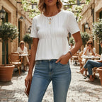 ZOFIA ATELIER white cotton linen blend short-sleeve crew-neck top with smocked bodice detail