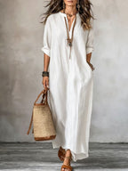 ZOFIA ATELIER white striped V-neck polyester loose fit long dress with three-quarter sleeves.