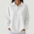 ZOFIA ATELIER white polyester waffle knit shirt with lapel and button detail, relaxed fit, mid-length