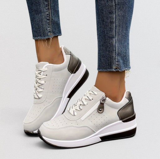 ZOFIA ATELIER white wedge leisure shoes with lace-up front and side zipper, round toe, microfiber lining