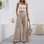 ZOFIA ATELIER beige polyester wide-leg trousers with pockets and high waist, full length.
