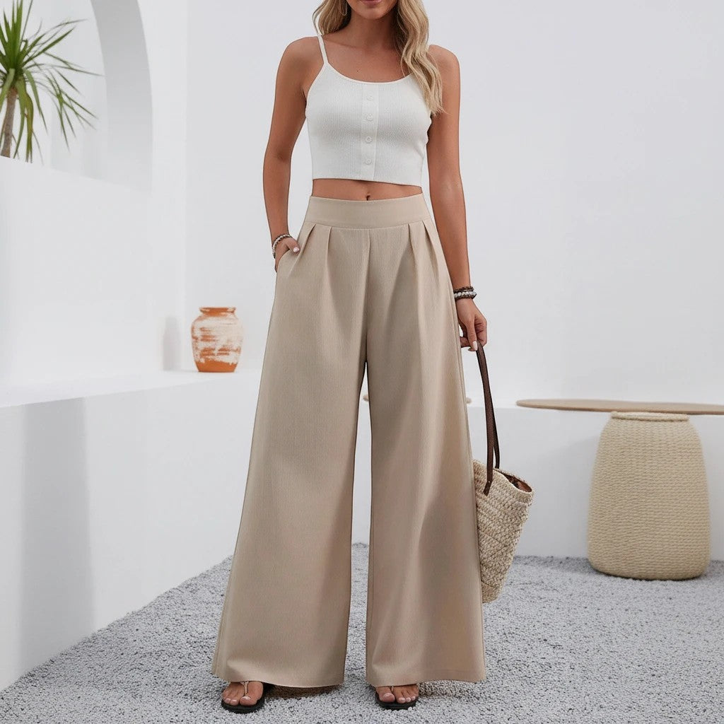 ZOFIA ATELIER beige polyester wide-leg trousers with pockets and high waist, full length.