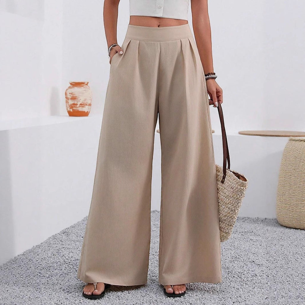ZOFIA ATELIER beige polyester wide-leg trousers with pockets and high waist, full length.