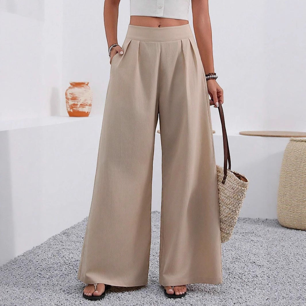 ZOFIA ATELIER beige polyester wide-leg trousers with pockets and high waist, full length.