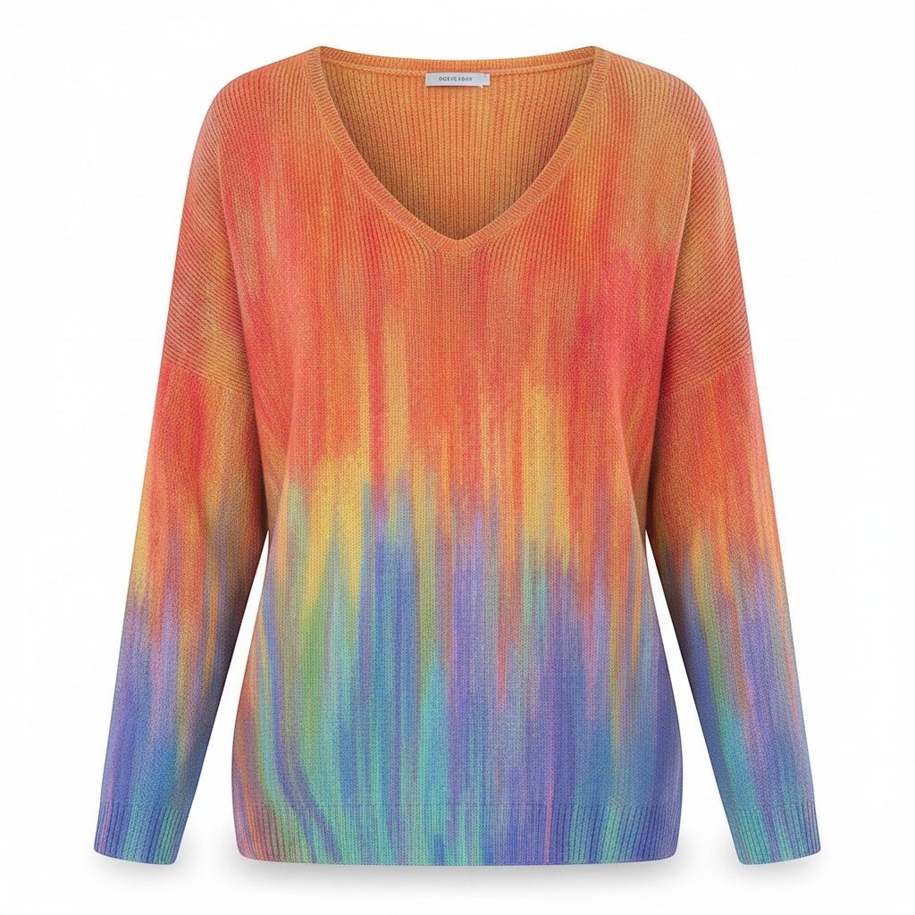 ZOFIA ATELIER WIESŁAWA art print V-neck top with a colorful abstract gradient pattern in orange, yellow, blue, and purple.