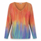 ZOFIA ATELIER WIESŁAWA art print V-neck top with a colorful abstract gradient pattern in orange, yellow, blue, and purple.
