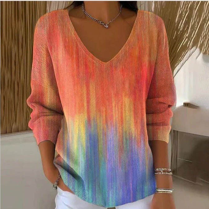 ZOFIA ATELIER WIESŁAWA art print V-neck top with a colorful ombre effect, long sleeves, and relaxed fit.