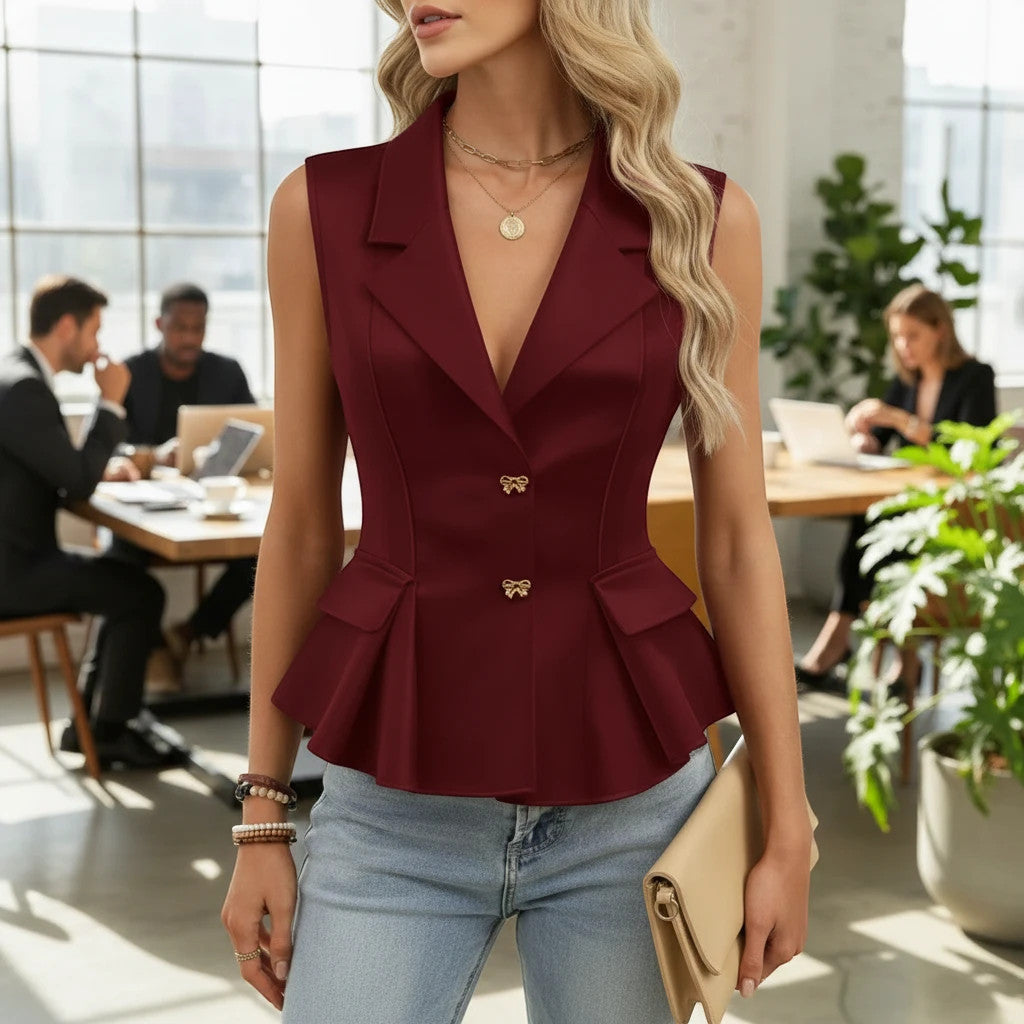 ZOFIA ATELIER wine red chenille vest with bow-tie V-neck and peplum hem, button front, A-line fit.