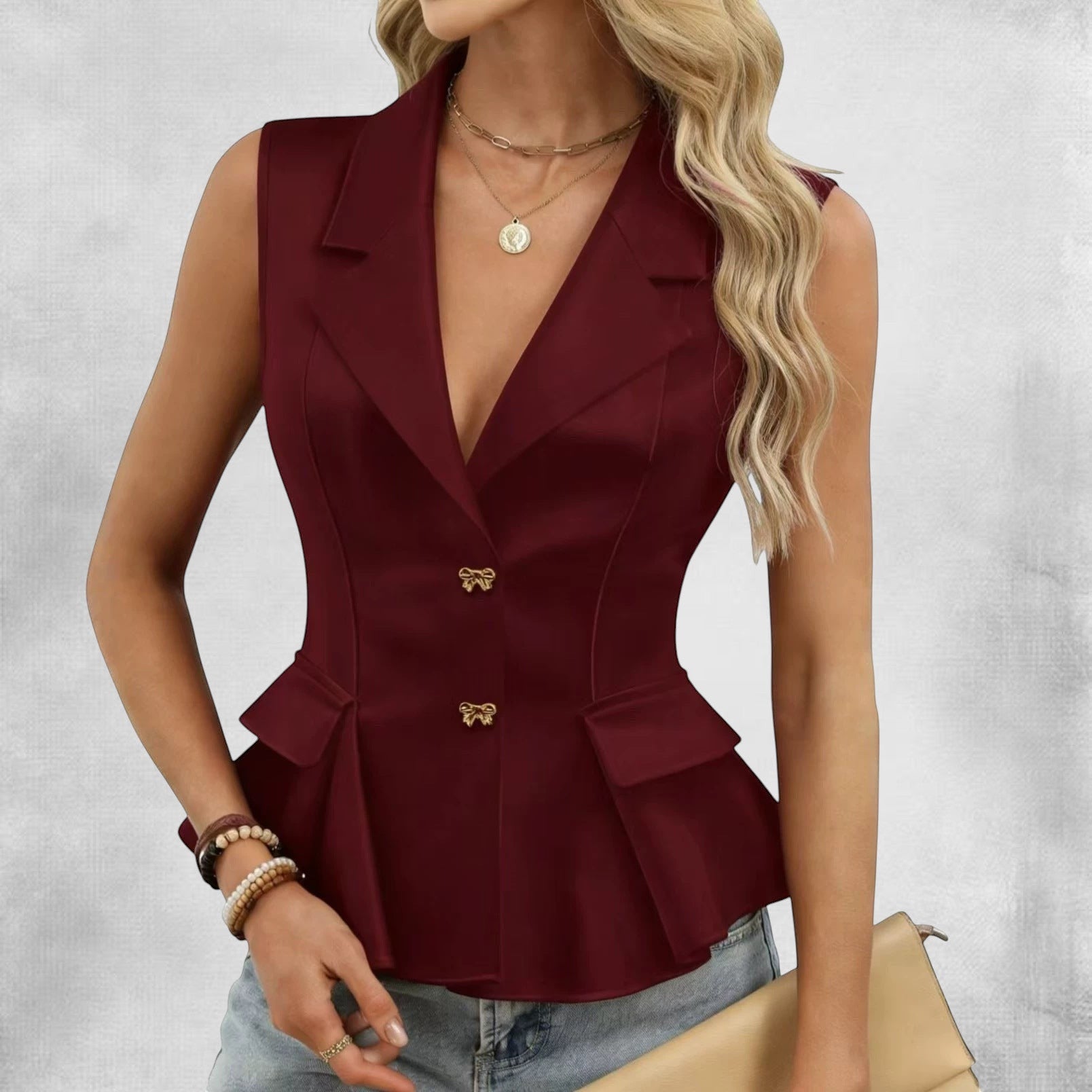 ZOFIA ATELIER wine red chenille vest with bow-tie V-neck, double-breasted buttons, and peplum hem.
