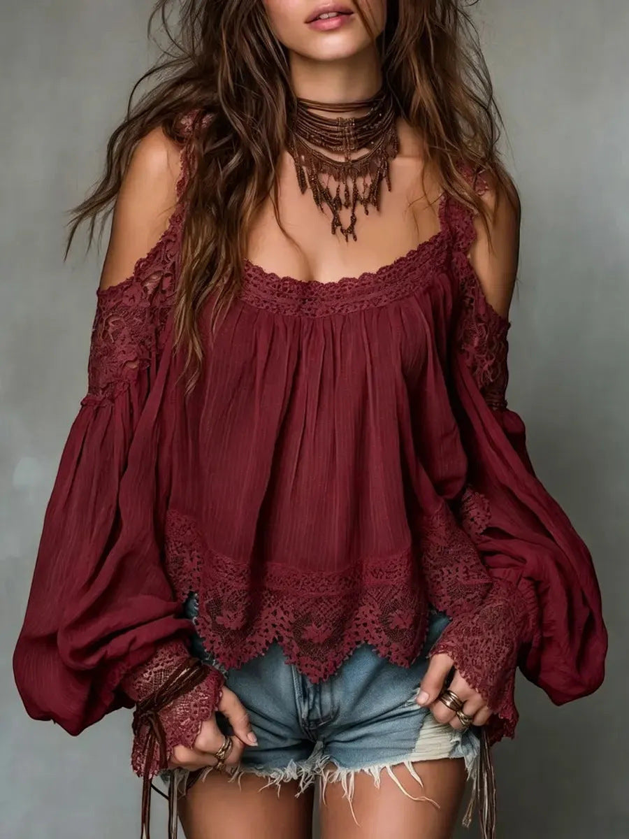 ZOFIA ATELIER wine red lace blouse with puff sleeves, cold shoulders, and ruffle trim. Loose fit.