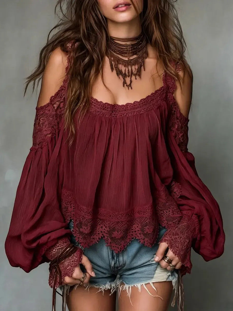 ZOFIA ATELIER wine red lace blouse with puff sleeves, cold shoulders, and ruffle trim. Loose fit.