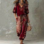 ZOFIA ATELIER wine red polyester V-neck puff sleeve top and full-length pants set with a retro print.