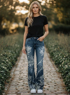 ZOFIA ATELIER women's flared denim jeans with white floral print, high waist, casual style.