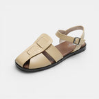 ZOFIA ATELIER milk tea microfiber woven hollow out strappy sandals with buckle detail