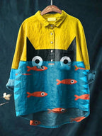 ZOFIA ATELIER yellow and blue long-sleeve shirt with a black cat face and orange fish print, made of spandex.