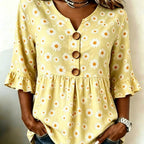 ZOFIA ATELIER yellow short-sleeved polyester top with a daisy print, V-neck, and ruffled sleeves.