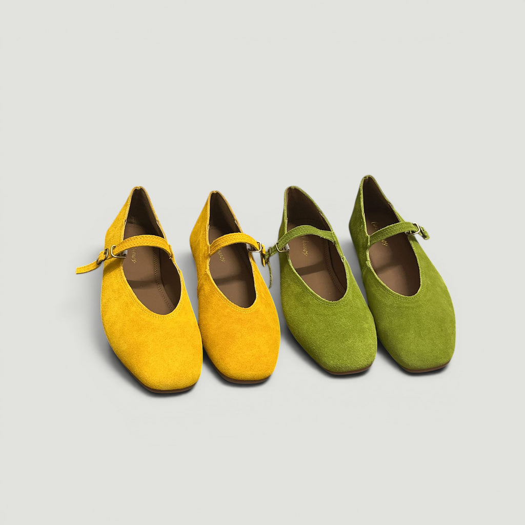 ZOFIA ATELIER yellow and green suede flat square toe Mary Jane pumps with ankle straps.