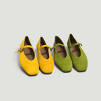 ZOFIA ATELIER yellow and green suede flat square toe Mary Jane pumps with ankle straps.