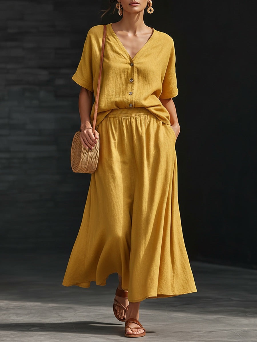 ZOFIA ATELIER yellow linen blend V-neck button-up top and flowing maxi skirt two-piece set