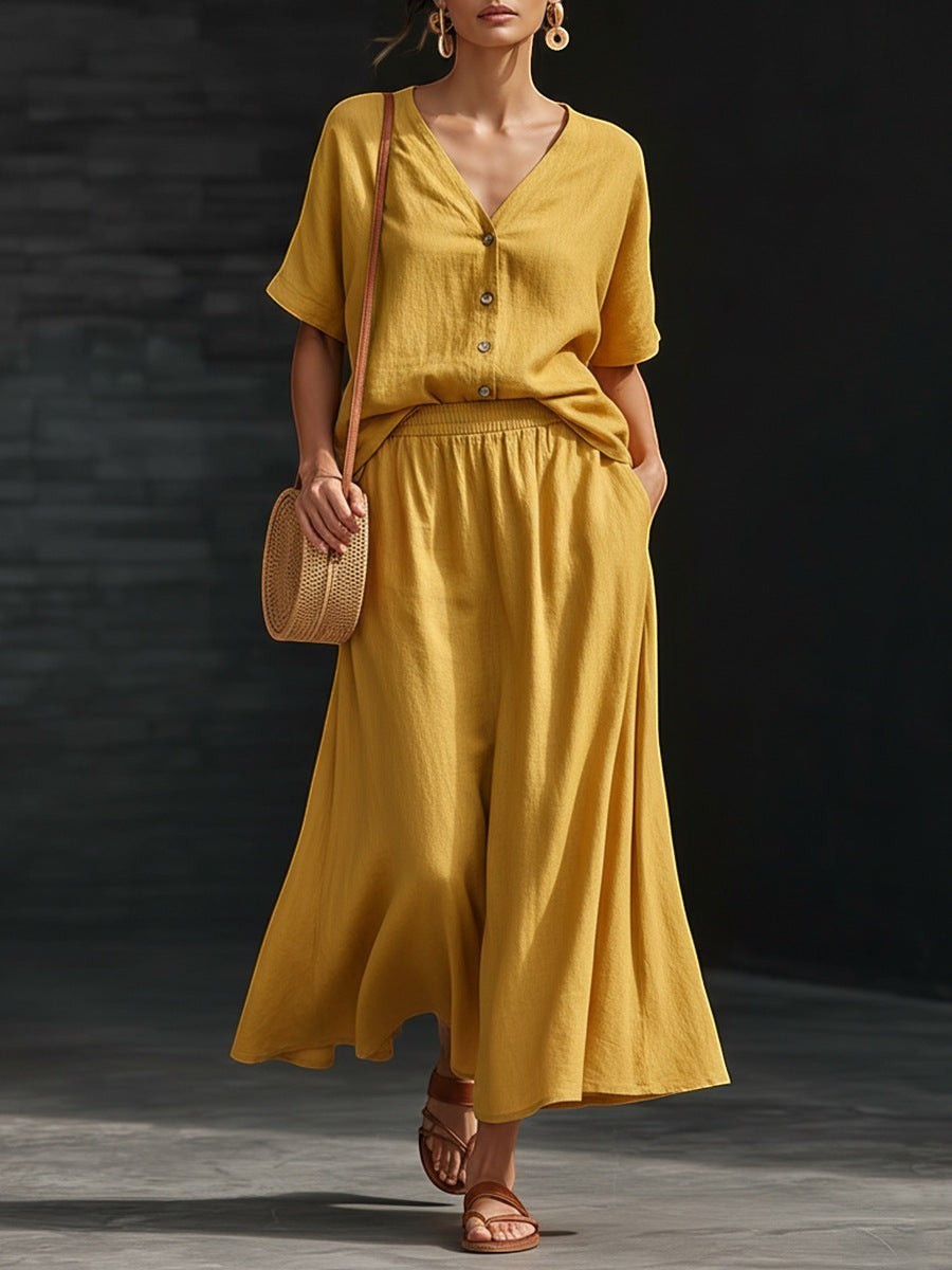 ZOFIA ATELIER yellow linen blend V-neck button-up top and flowing maxi skirt two-piece set