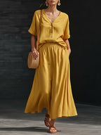 ZOFIA ATELIER yellow linen blend V-neck button-up top and flowing maxi skirt two-piece set