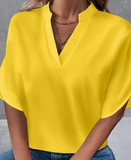 ZOFIA ATELIER yellow polyester notch neck blouse with short split sleeves, perfect for spring and summer.