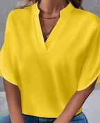 ZOFIA ATELIER yellow polyester notch neck blouse with short split sleeves, perfect for spring and summer.