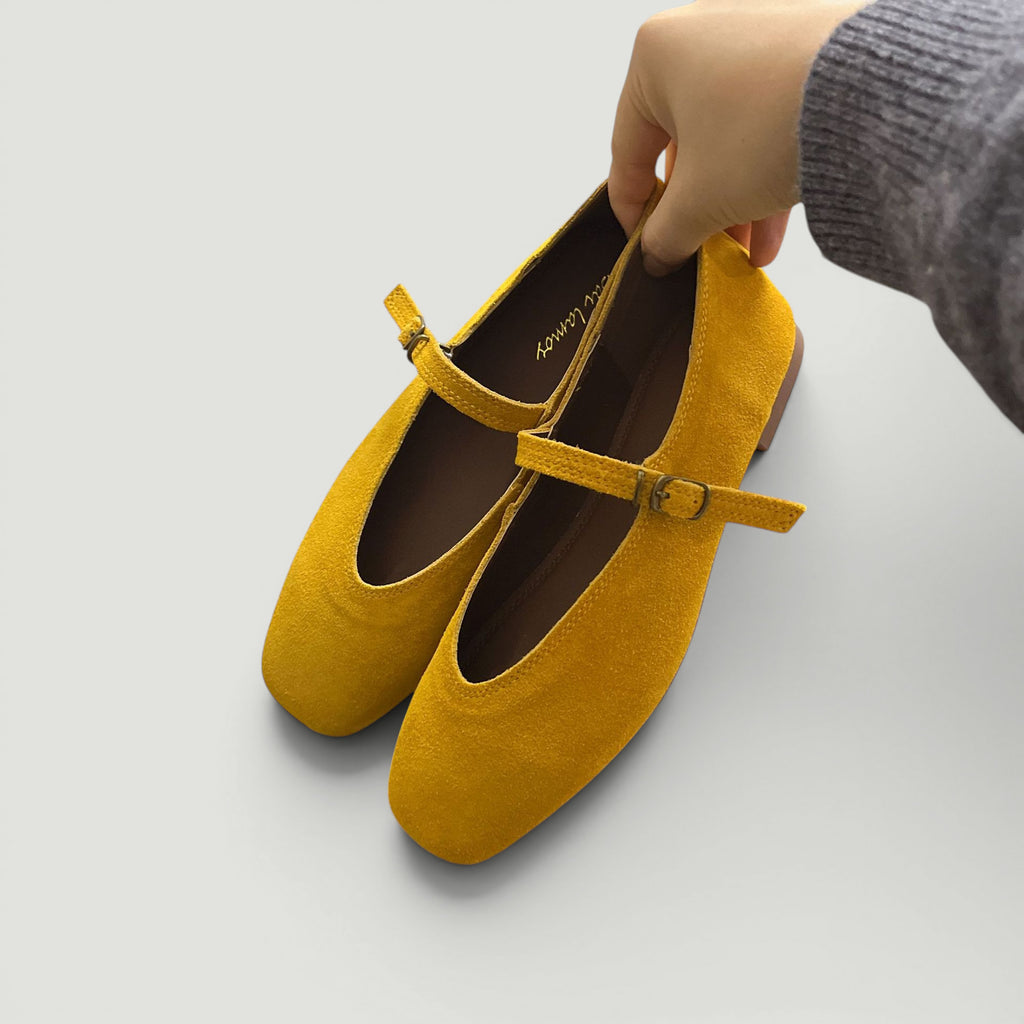 ZOFIA ATELIER yellow suede flat square toe Mary Jane pumps with buckle strap