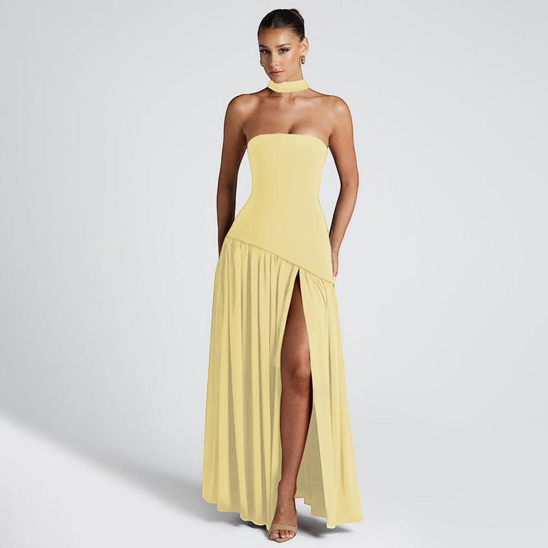 ZOFIA ATELIER yellow polyester tube dress with off-the-shoulder neckline and high slit