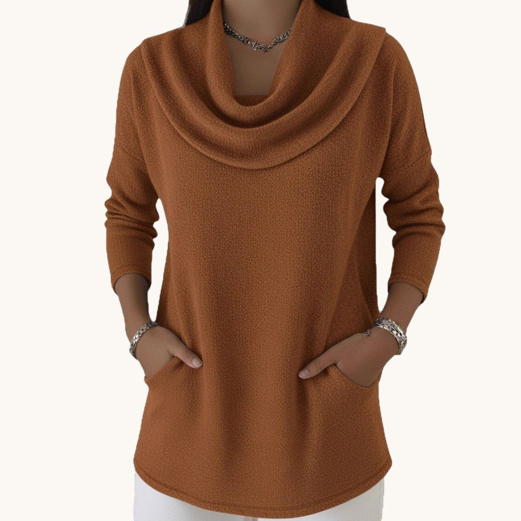 ZOFIA ATELIER ZDZISŁAWA casual pocket pullover in caramel polyester with cowl neck and long sleeves.