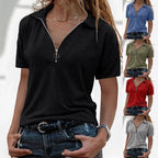ZOFIA ATELIER black short sleeve casual top with zip detail and collar, made of lightweight fabric.