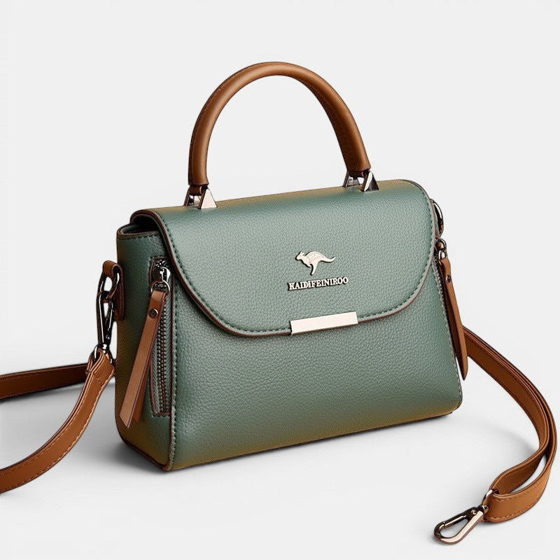 ZOFIA ATELIER ZYTA crossbody shoulder bag in green pebbled leather with brown accents and silver hardware.